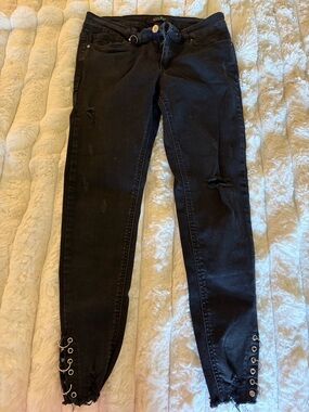 Wax Jean Women's Skinny Jeans in Black with Lace-Up Hem
